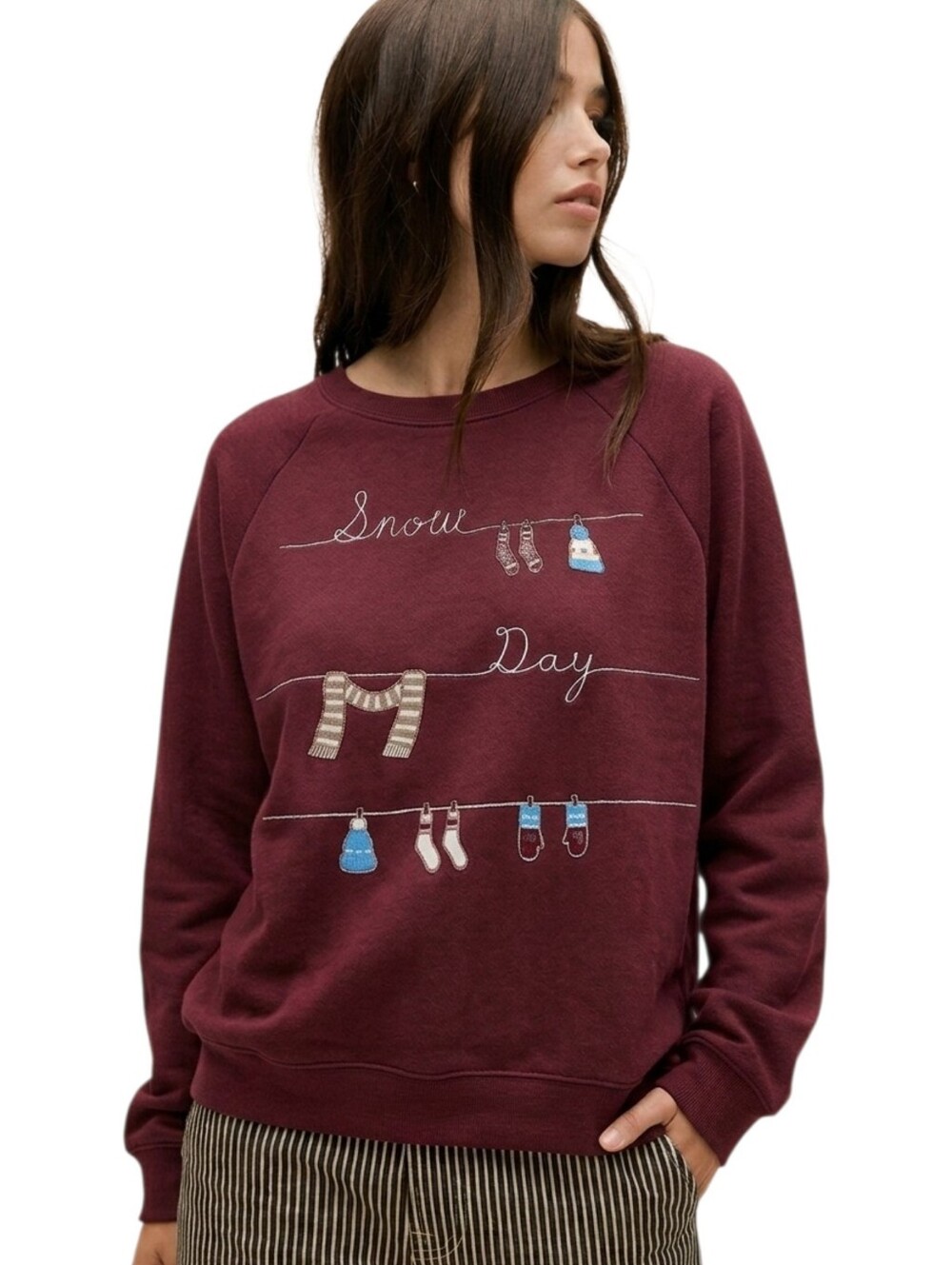 Daydreamer Snow Day Raglan Sweatshirt Maroon Winter Graphic Fleece XL NWT